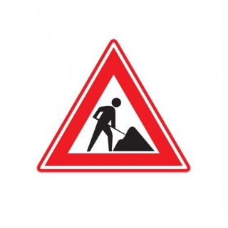 J16 Verkehrszeichenaufkleber „Warnung: Arbeiten laufen“. - 1