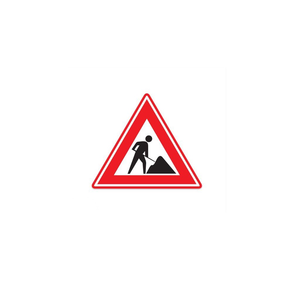 J16 Verkehrszeichenaufkleber „Warnung: Arbeiten laufen“. - 1