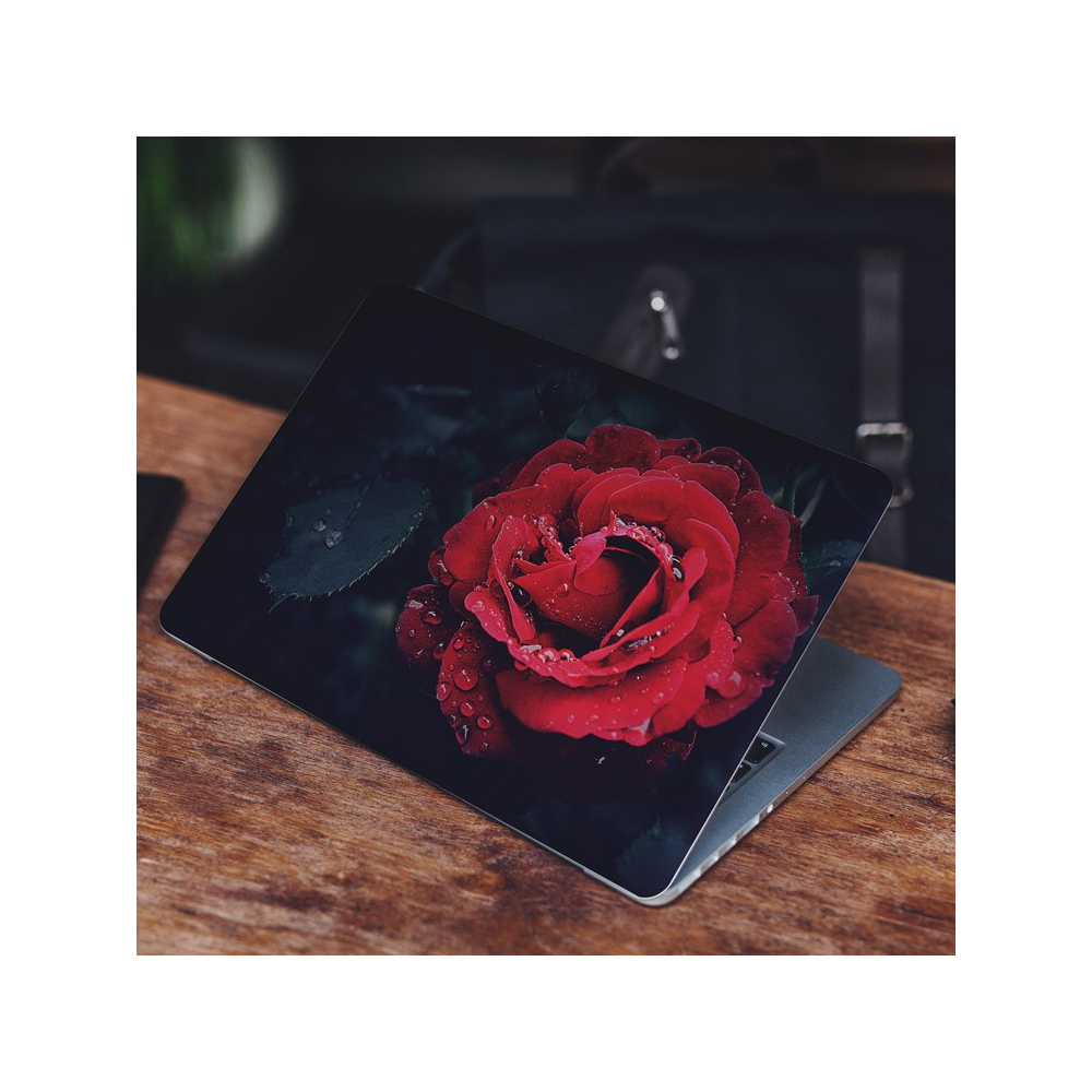 Rode Roos met Blad Laptop Sticker - 1