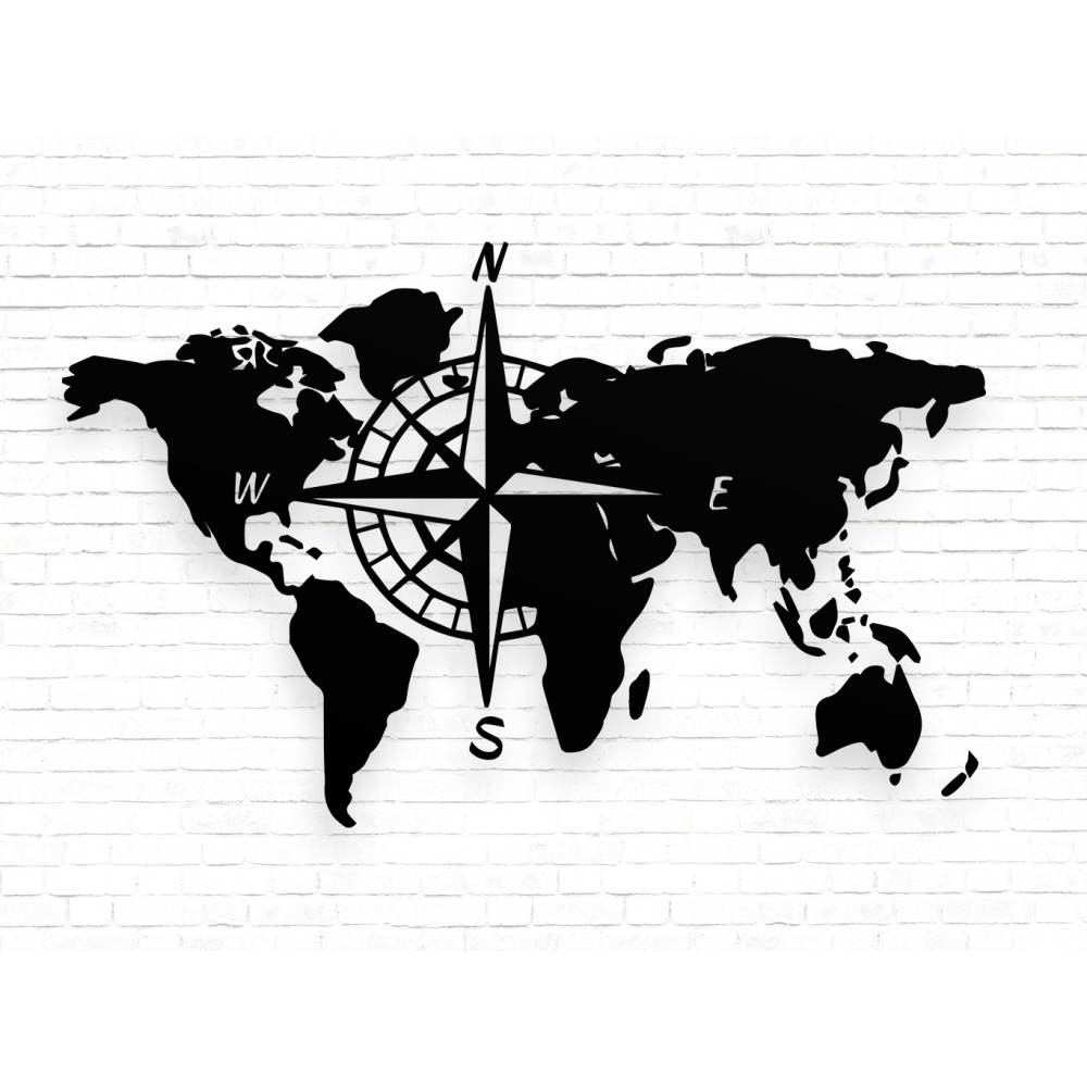 Wereldkaart met kompas Wanddecoratie MDF Zwart - 1