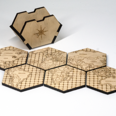 Onderzetters hex wereldmap met houder - 2 Onderzetters hex wereldmap met houder - 2