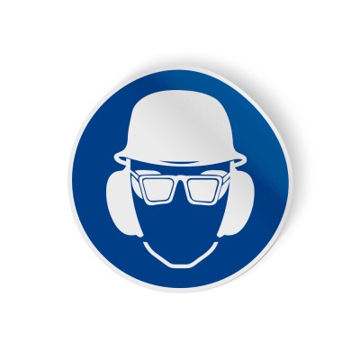 Gebodspictogram Helm, bril en oorkap verplicht sticker - 1 Gebodspictogram Helm, bril en oorkap verplicht sticker - 1