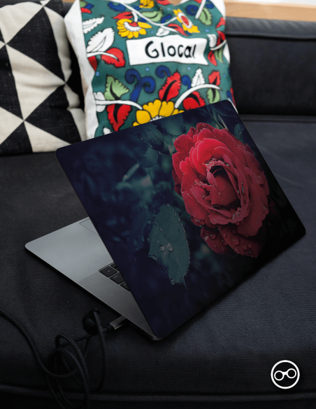 Rode Roos met Blad Laptop Sticker - 1