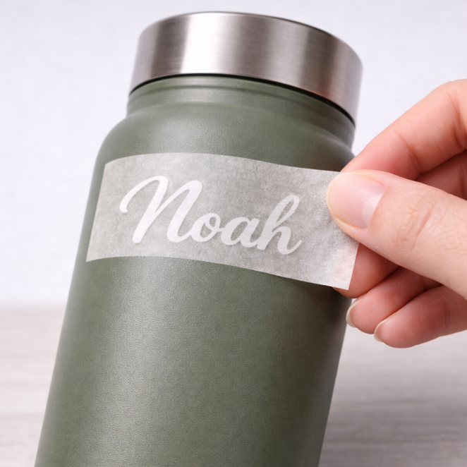 Aanbrengen van naamsticker met applicatiefolie op drinkbeker