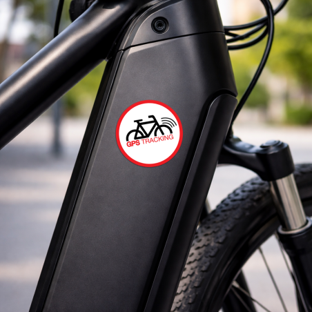 Ronde rode GPS tracking sticker op accu van een e-bike