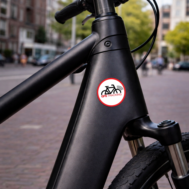 Fiets met rode GPS tracking sticker in stedelijke omgeving