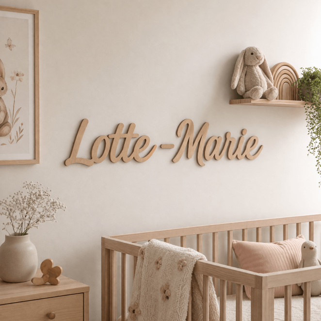 Houten tekst op maat in Linoply op rustige lichte muur in babykamer