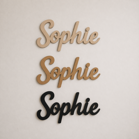 Houten tekst op maat in Linoply MDF bruin en MDF zwart boven elkaar