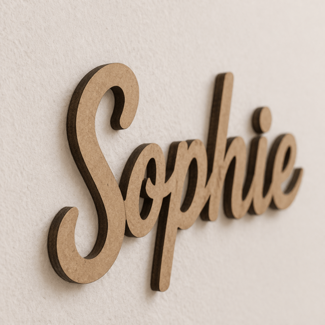 Houten tekst op maat vanuit schuine hoek met zicht op dikte en zijkant