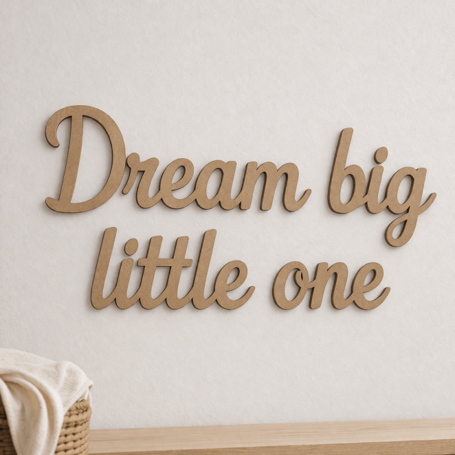 Houten tekst op maat in twee regels netjes uitgelijnd op lichte muur