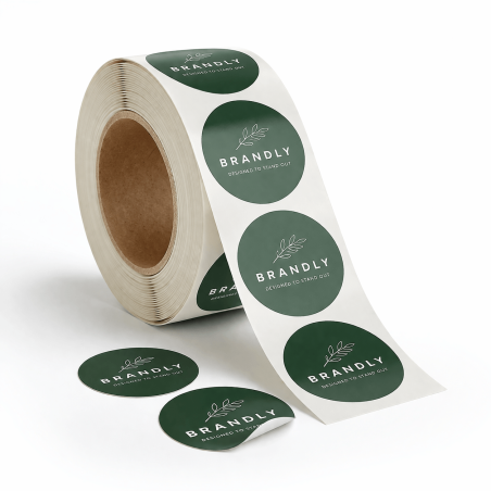 Stickers op rol met eigen ontwerp als hoofdbeeld met zichtbare ronde stickers