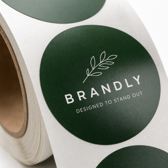 Close-up van stickers op rol met detail van print en afwerking