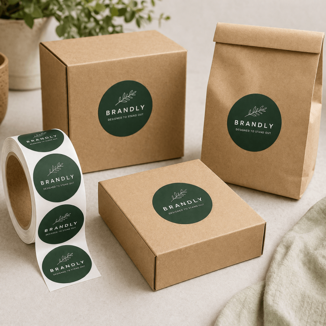 Stickers op rol met eigen ontwerp gebruikt voor branding op meerdere verpakkingen