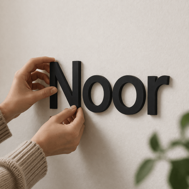 Kunststof tekst op maat tijdens nette montage op muur