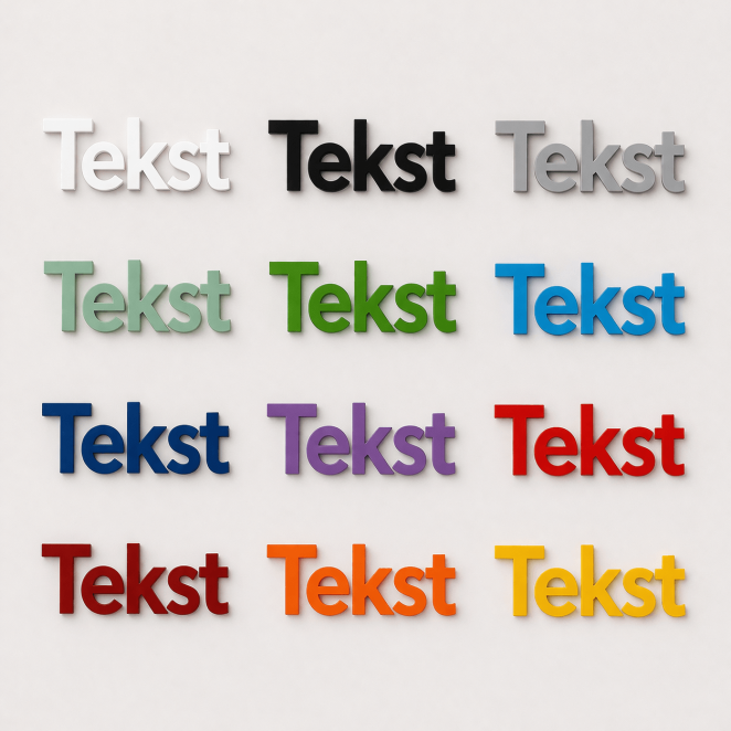 Kunststof tekst op maat in 12 kleurvarianten op neutrale achtergrond