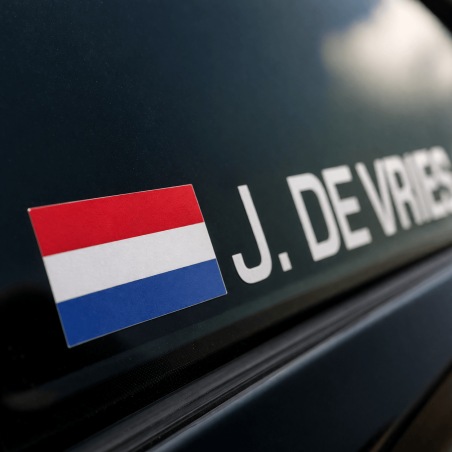 Close-up van rally naamsticker met detail van folie en snijrand