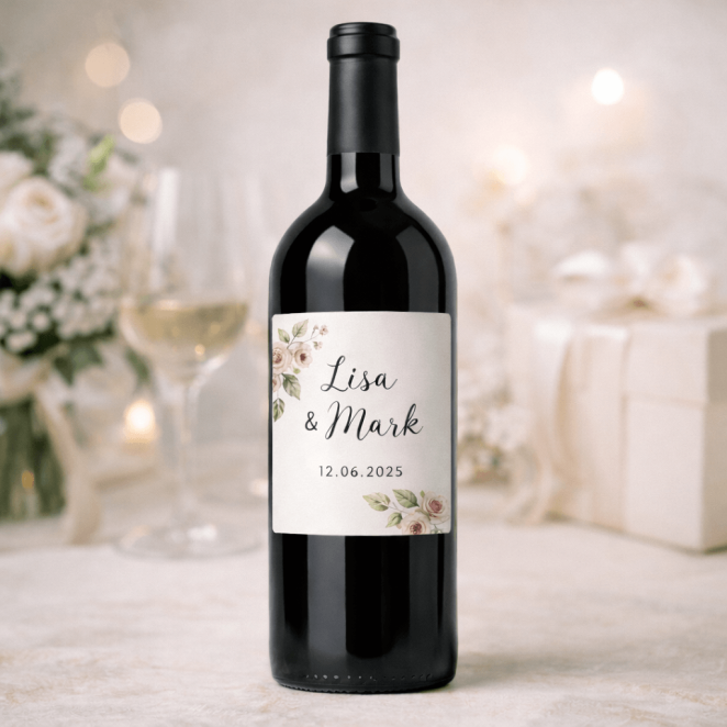 Gepersonaliseerd wijnetiket op fles als cadeau of bruiloftsdecoratie