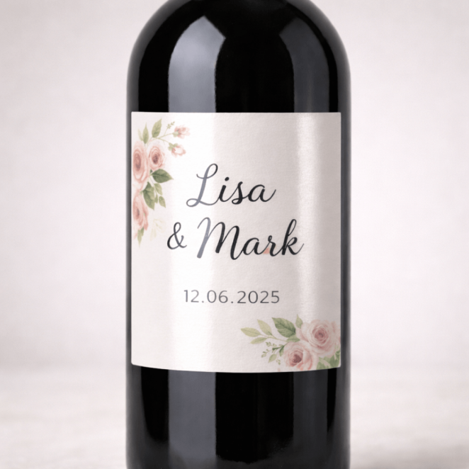 Wijnetiket met glanzende afwerking op wijnfles