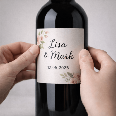 Wijnetiket zorgvuldig aanbrengen op schone droge wijnfles