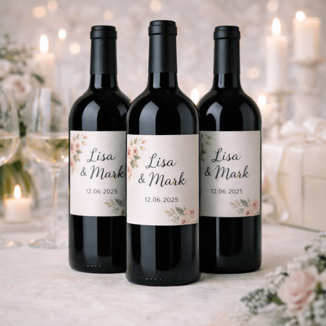 Wijnflessen met gepersonaliseerde etiketten op feestelijke tafel