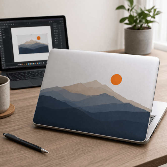 Laptop sticker ontwerpen met subtiele editor-context op achtergrond
