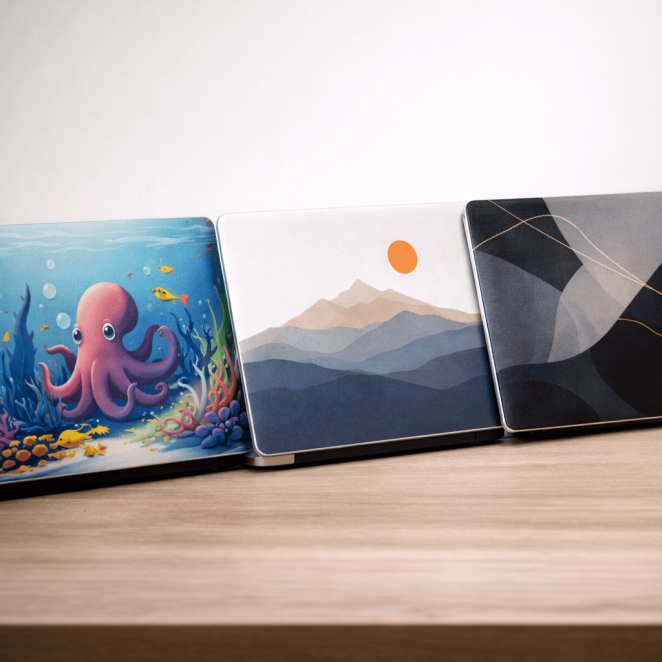 Meerdere laptops met verschillende eigen ontworpen laptop stickers