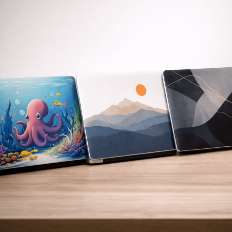 Meerdere laptops met verschillende eigen ontworpen laptop stickers