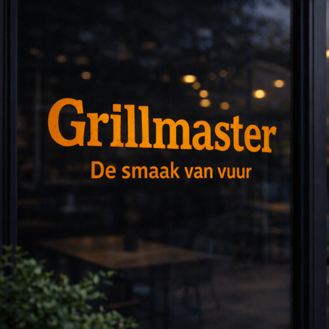 Tekst sticker met meerdere regels strak aangebracht op modern glazen raam