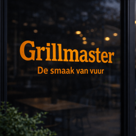 Tekst sticker met meerdere regels strak aangebracht op modern glazen raam