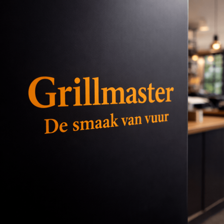 Grote tekst sticker op glad zwart oppervlak in horecasetting