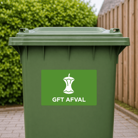 GFT afval sticker op groene kliko container duidelijk zichtbaar en centraal