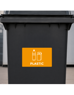 Plastic oranje afvalsticker duidelijk zichtbaar op afvalcontainer of inzamelbak