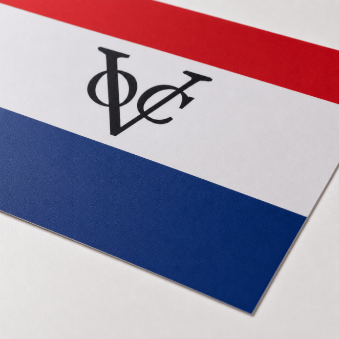 Close-up van Vlag Nederland met VOC logo sticker met matte afwerking en scherpe rechte snijrand