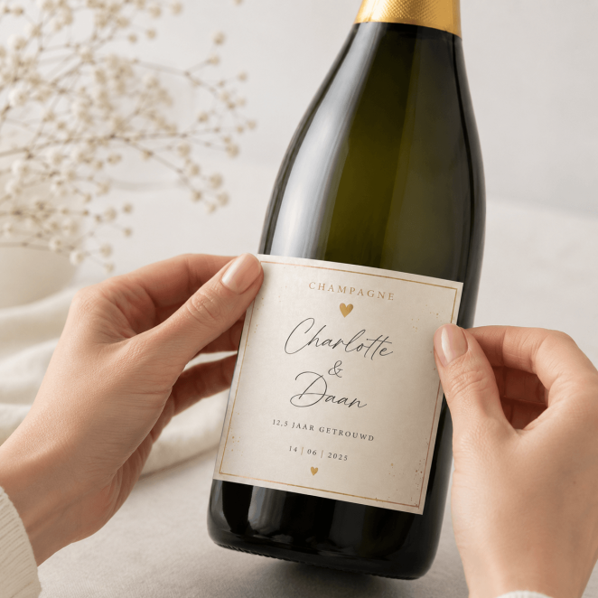 Champagne etiket maken tijdens het aanbrengen op een fles