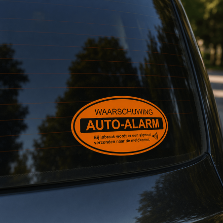 Auto alarm waarschuwing sticker op een gelakte autodeur