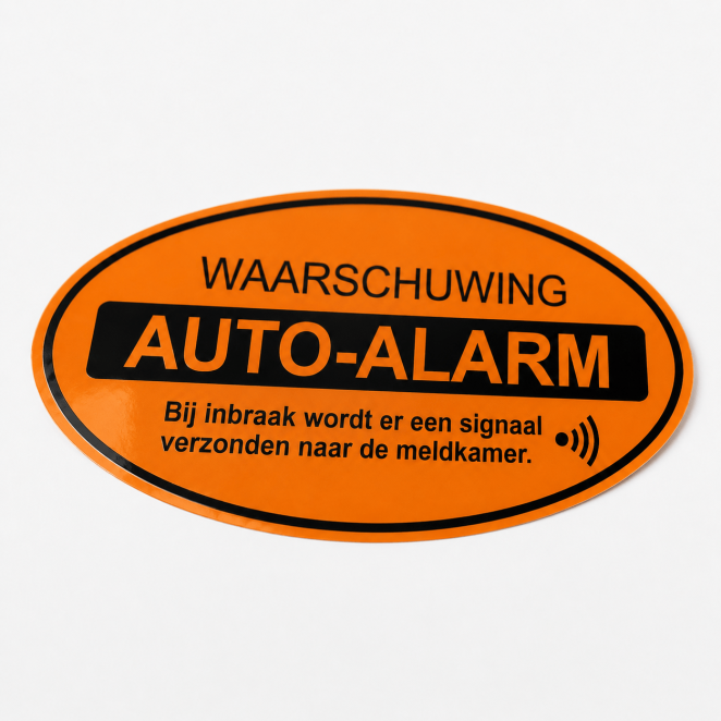 Glanzende vinyl auto alarm waarschuwing sticker schuin gefotografeerd