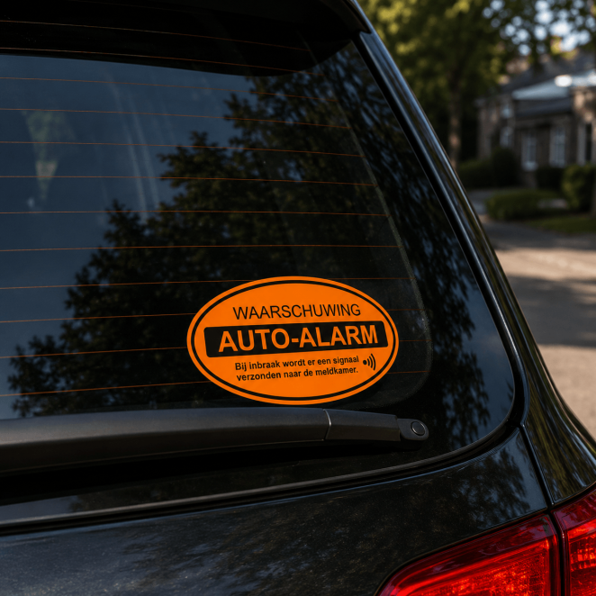 Geparkeerde auto met zichtbare auto alarm waarschuwing sticker op het raam