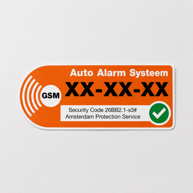 Auto alarm systeem sticker met witte achter-glas uitvoering op lichte achtergrond