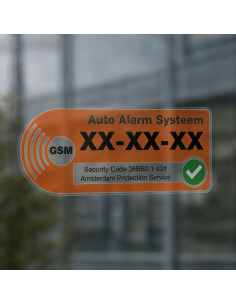 Auto alarm systeem sticker met witte achter-glas uitvoering op lichte achtergrond 2