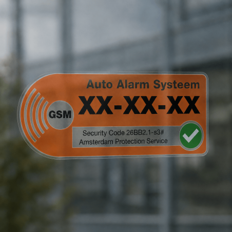 Transparante auto alarm systeem sticker op glas met lichtdoorlatende print