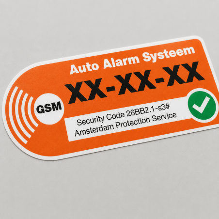 Detail van dunne auto alarm systeem stickerfolie op lichte ondergrond