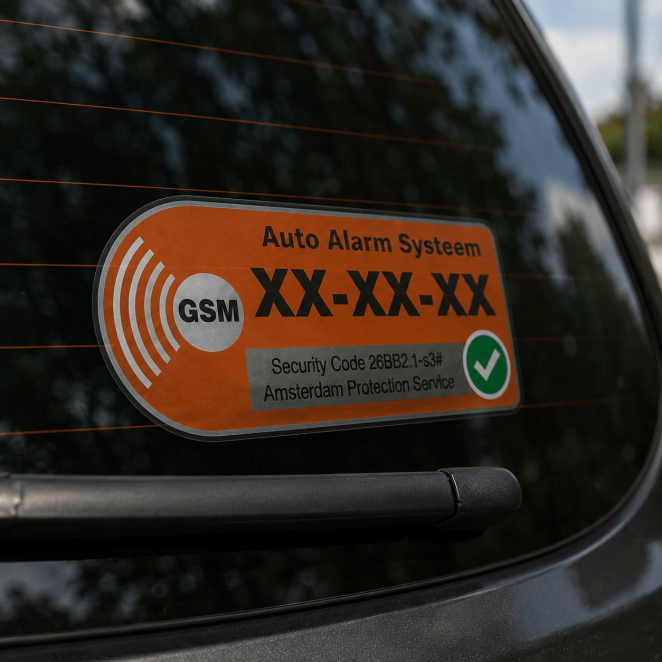 Transparante auto alarm systeem sticker achter glas op een autoruit