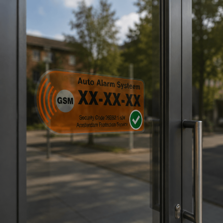 Transparante auto alarm systeem sticker achter glas op een glazen deur
Transparante auto alarm sticker op
