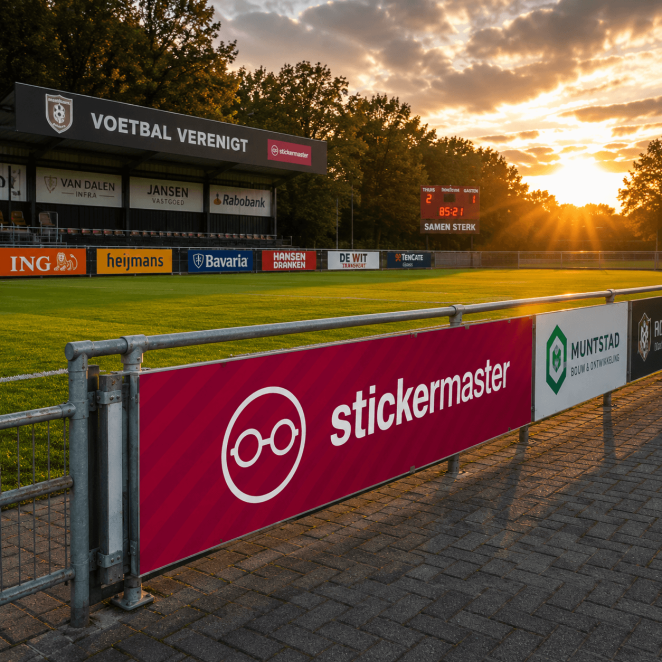 Sponsorbord met full colour bedrukking langs een voetbalveld tijdens zonsondergang op een professioneel sportpark.