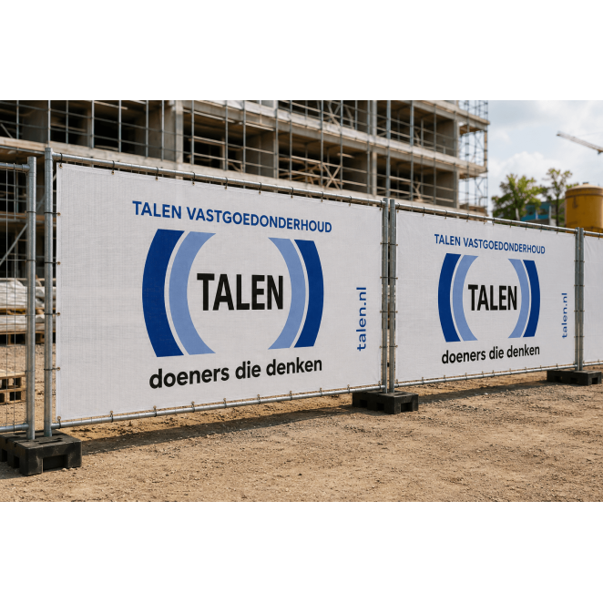 Bouwhekdoeken toegepast rondom een actieve bouwplaats als werfafscherming en reclame-uiting.