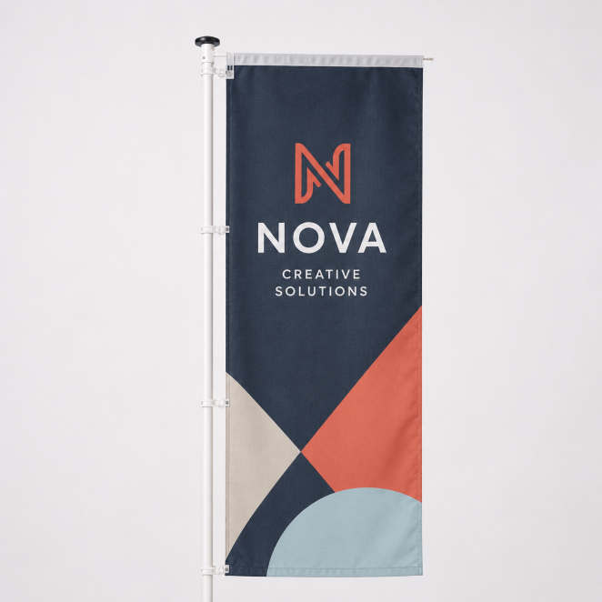 Baniervlag van Flag frontaal weergegeven aan een witte banierhouder