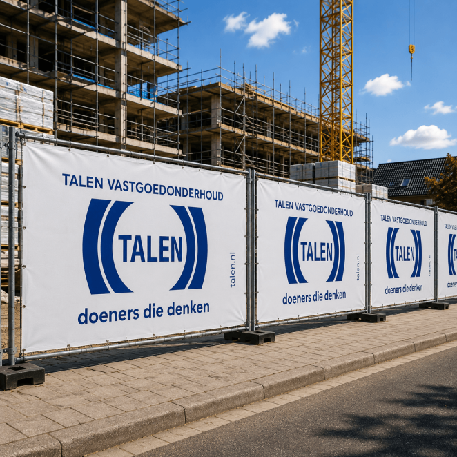 Bouwhekdoeken toegepast rondom een actieve bouwplaats als werfafscherming en reclame-uiting.