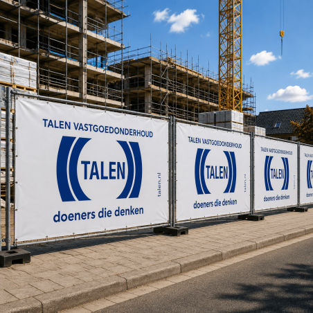 Bouwhekdoeken toegepast rondom een actieve bouwplaats als werfafscherming en reclame-uiting.