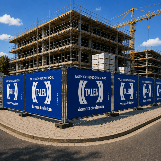 Bouwhekdoeken rondom een grootschalig bouwproject voor professionele werfafscherming en zichtbare branding.