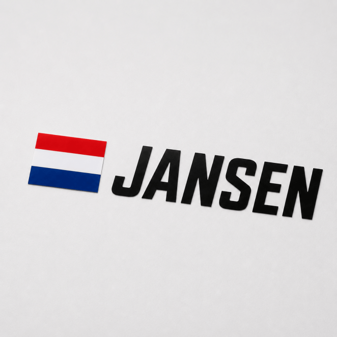 Schuin gefotografeerde rally naamsticker met vlag en los gesneden vinylletters